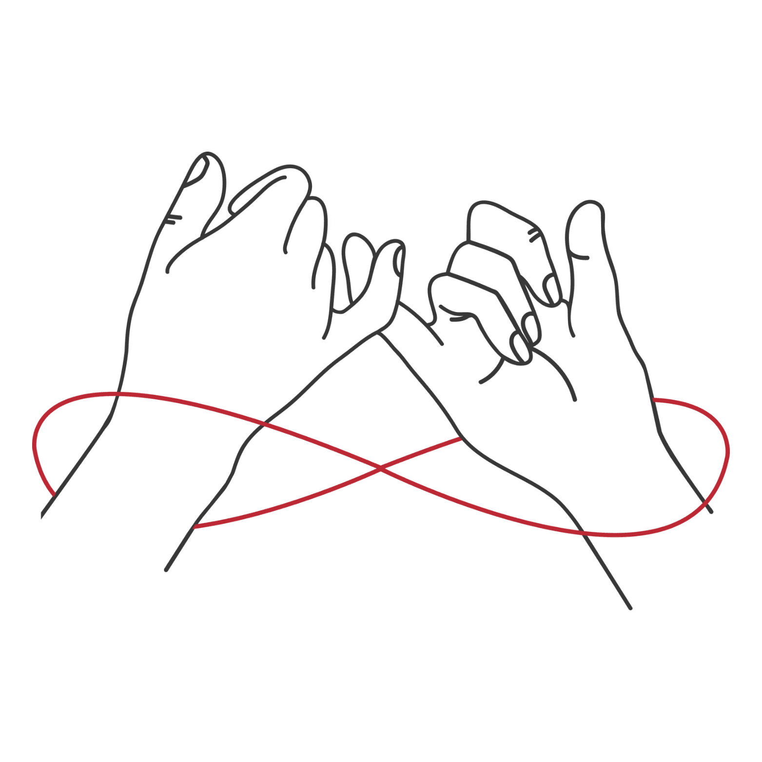 Two hands making a pinky promise, tied together by a red thread